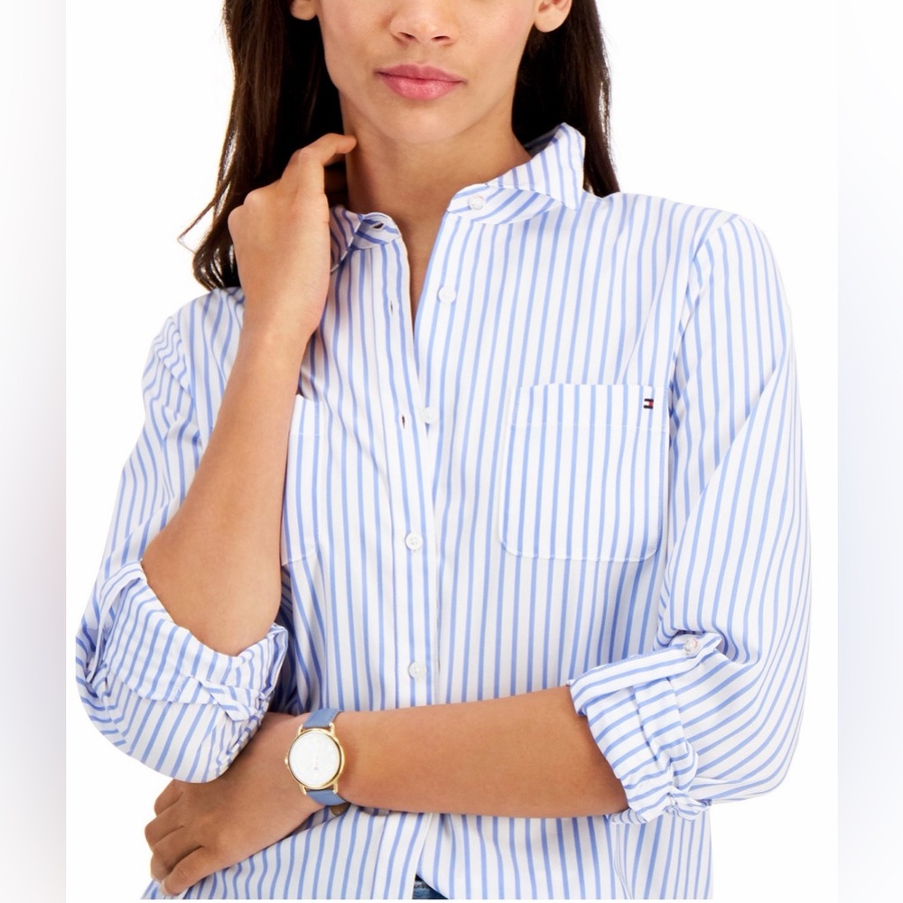 Tommy Hilfiger Women’s Cabana Striped Pleat-Back 100% Cotton Shirt XL - Picture 4 of 15